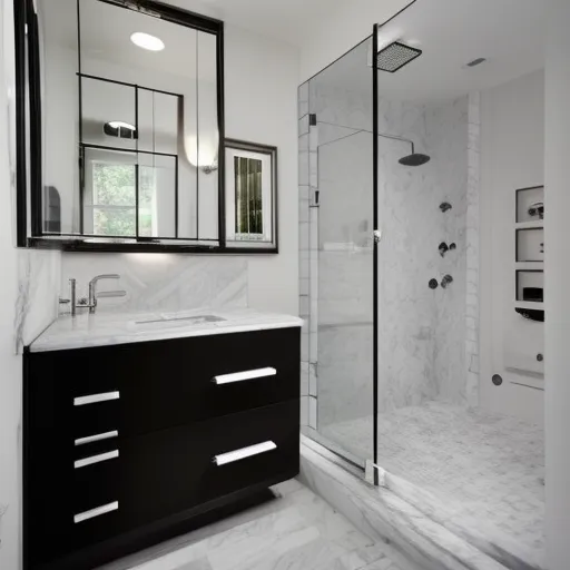 

A modern bathroom with a white vanity, marble countertop, and glass shower enclosure, creating a luxurious and stylish atmosphere.