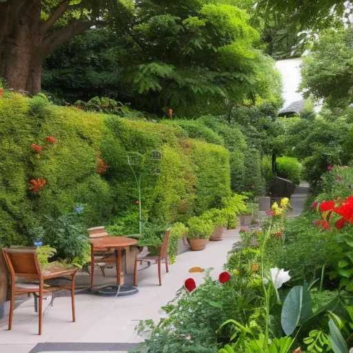 

A lush garden with vibrant flowers, winding pathways, and a cozy seating area, surrounded by trees and shrubs.