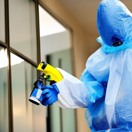

A close-up of a pest control worker in a protective suit holding a spray bottle of insecticide, ready to tackle any infestation.