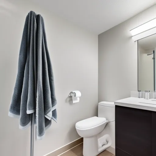 

A picture of a modern bathroom with a variety of accessories, including a towel rack, shower caddy, and toiletry storage.