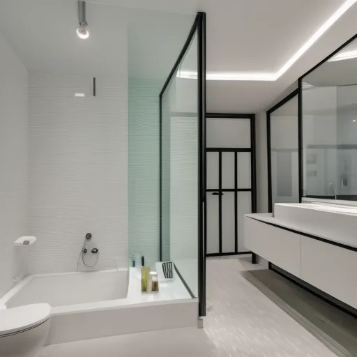 

A photo of a modern bathroom with a glass shower, white tile, and a floating vanity.