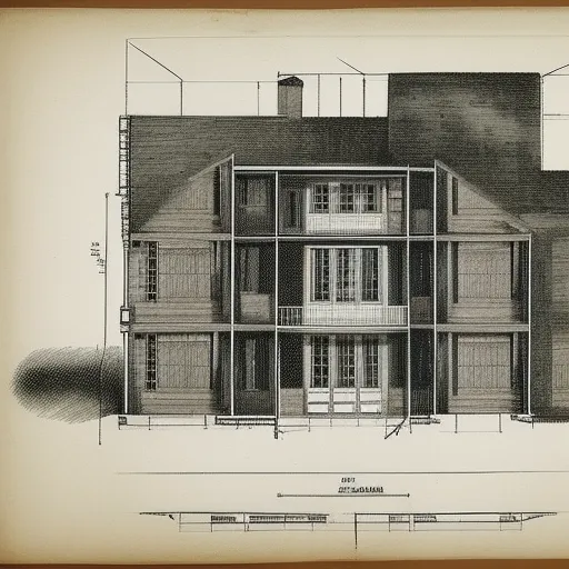 

A detailed blueprint of a two-story house, showing the layout of the rooms and exterior features.