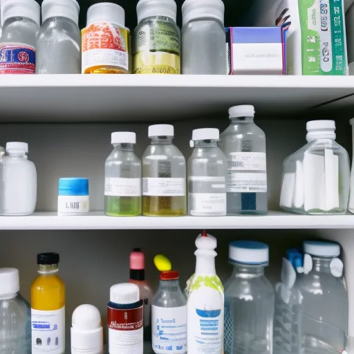 

A close-up of a white medicine cabinet with a variety of bottles and containers inside, organized neatly on shelves.