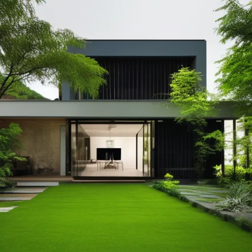 

An image of a modern house with a large open plan living space, surrounded by a lush green garden.