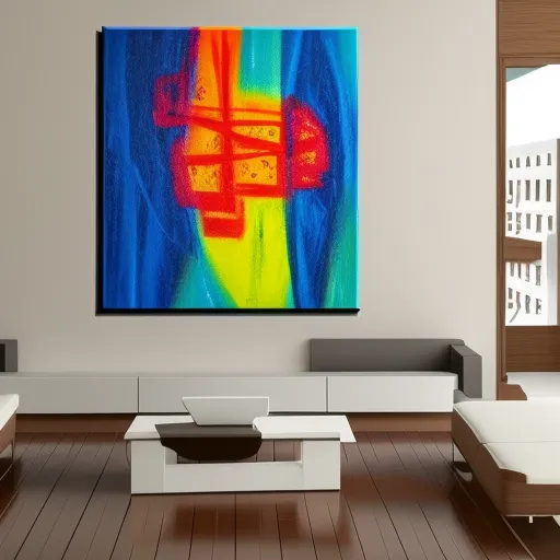 

A colorful abstract painting hung on a wall, adding a vibrant touch to the room.