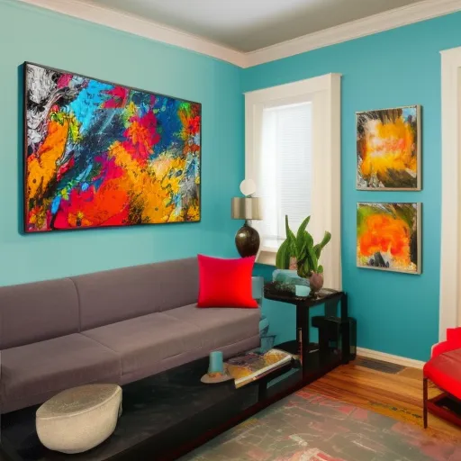 

A photo of a living room with a variety of colorful wall art, including a large abstract painting, framed photographs, and a wall-mounted sculpture.