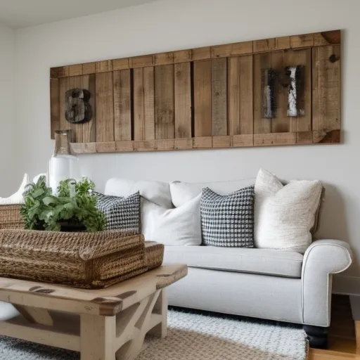 

A photo of a living room with a modern farmhouse style, featuring a white sofa, rustic wood coffee table, and DIY wall art.