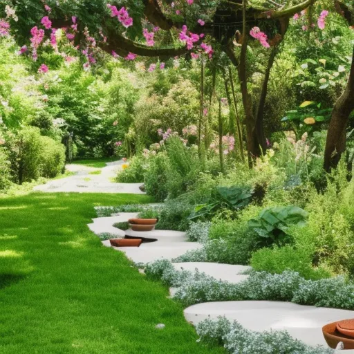 

A lush garden with vibrant flowers, lush greenery, and a winding path leading to a cozy seating area, providing a tranquil and inviting outdoor space.