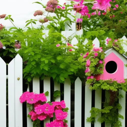 

A photo of a small garden with colorful flowers and a birdhouse, surrounded by a white picket fence.