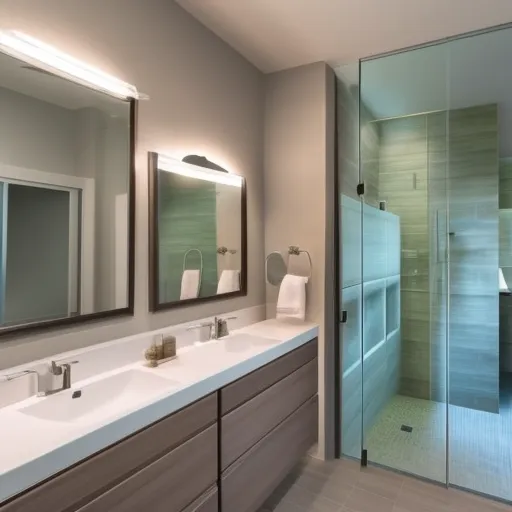 

A modern bathroom with a large soaking tub, a glass-enclosed shower, and a double vanity, all surrounded by stylish tile and fixtures.