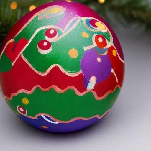 

A photo of a hand-painted Christmas bauble, with colourful designs and a festive ribbon.
