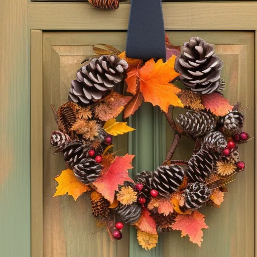

A colorful wreath made of autumn leaves, pine cones, and berries, hung on a wooden door.