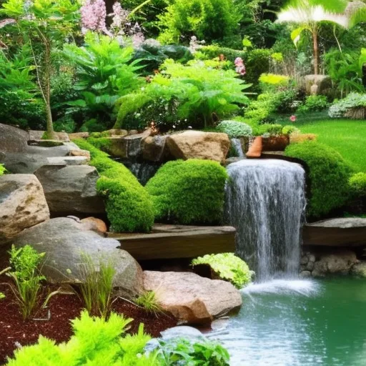 

A picture of a beautiful backyard garden with a pond and waterfall, surrounded by lush greenery.