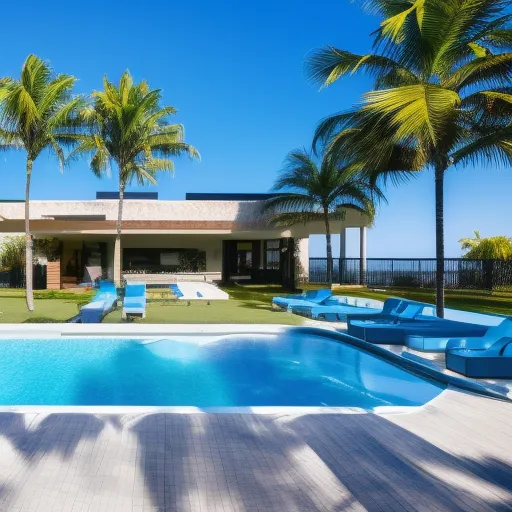 

A picture of a modern, two-story house with a large pool and palm trees in the background, set against a bright blue sky.
