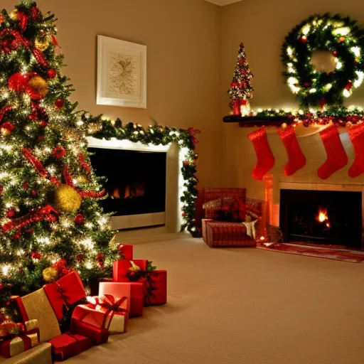 

A festive image of a living room adorned with a Christmas tree, garland, and twinkling lights, creating a warm and inviting atmosphere.