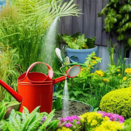

A close-up of a variety of healthy, vibrant plants in a garden, with a hand holding a watering can in the background.