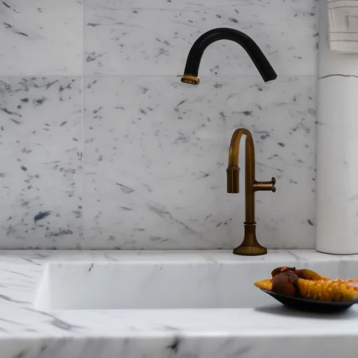 

A close-up of a white marble countertop with a sink and faucet, surrounded by white tile walls.