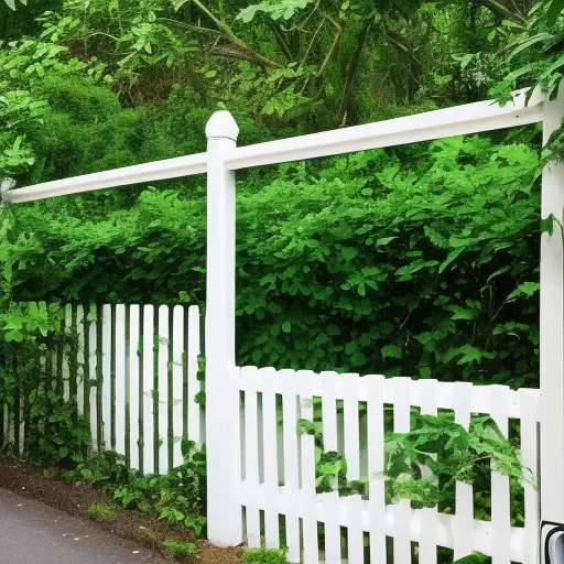 

A picture of a white wooden fence with a gate, surrounded by lush green foliage, providing a private outdoor space.