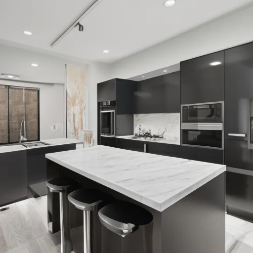 

A photo of a modern kitchen with white cabinets, stainless steel appliances, and a marble countertop.