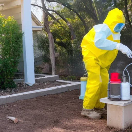 

An image of a technician in protective clothing spraying a chemical solution around the foundation of a house to treat for termites.