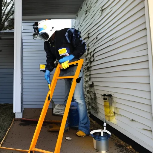 

A photo of a technician in protective gear spraying a home with a pesticide solution to eliminate pests.