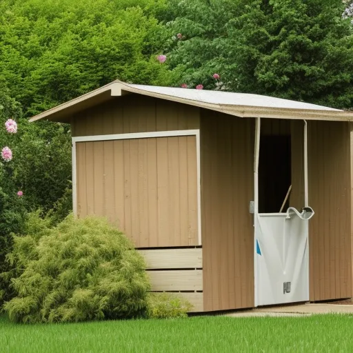 

An image of a large wooden shed in a backyard, with a lawnmower and tools visible inside.