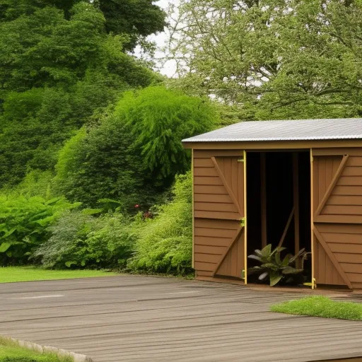 

A picture of a large, wooden storage shed with a slanted roof, surrounded by a lush green garden.
