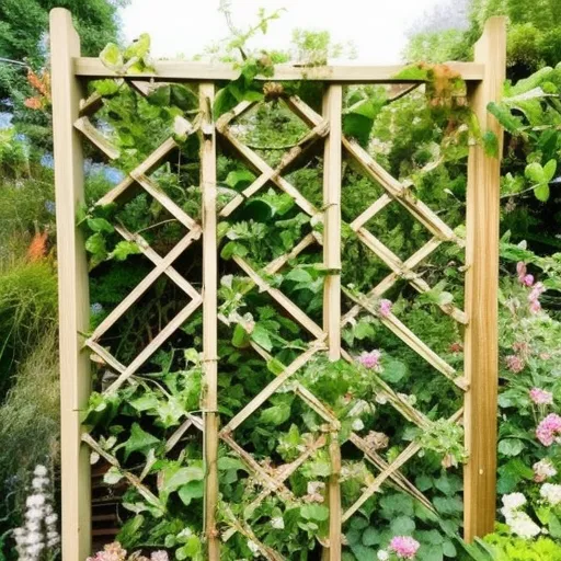 

A picture of a wooden trellis in a garden, with a variety of climbing plants growing up it.