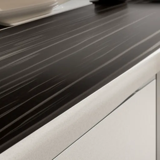 

A close-up of a modern kitchen countertop with a sleek, glossy finish, showcasing its durability and stylishness.