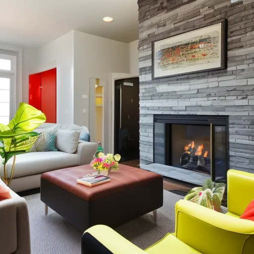 

A picture of a newly renovated living room with modern furniture, bright colors, and a cozy fireplace.