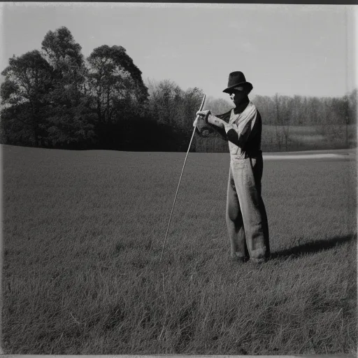 

A man standing in a grassy field, holding a metal rod in the ground.