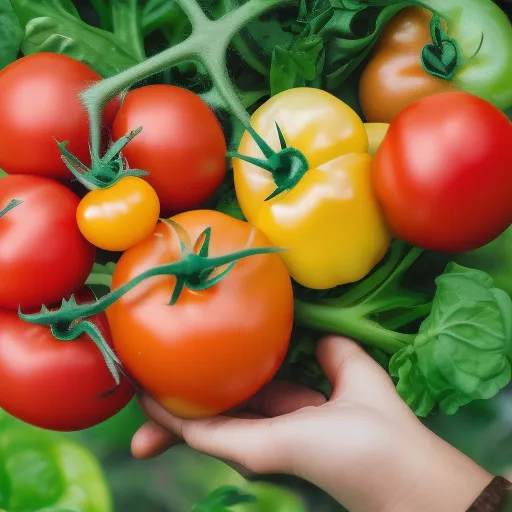 

A close-up of a variety of colorful vegetables growing in a garden, with a hand holding a ripe tomato.