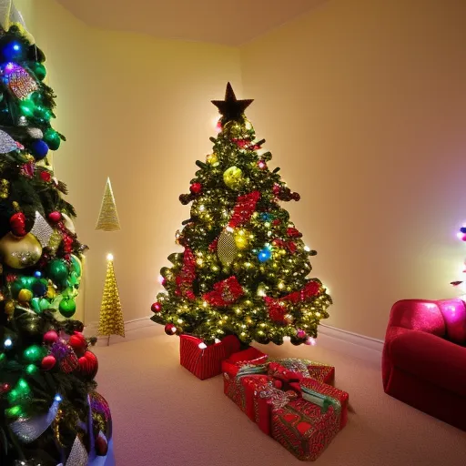 

A photo of a festive Christmas tree decorated with colorful ornaments and lights, topped with a star.