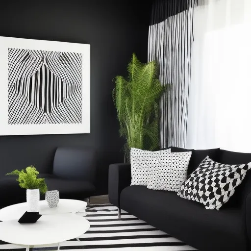 

A modern living room with black and white decor, featuring a white sofa, black and white geometric patterned rug, and a black and white abstract art piece on the wall.