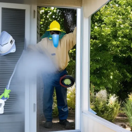 

A man in protective gear spraying insecticide in a home to eliminate pests.