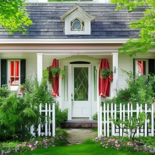 

A cozy cottage with a white picket fence and a wrap-around porch, surrounded by lush green gardens and trees.