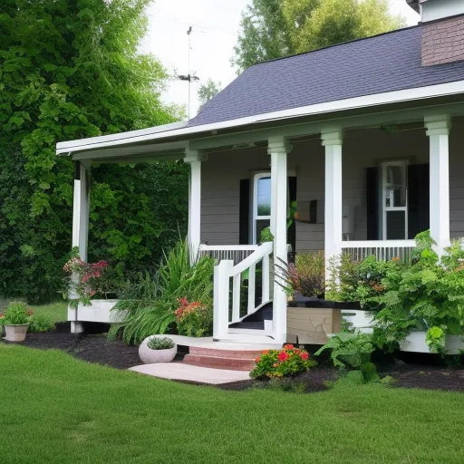 

A picture of a cozy, single-story home with a small front porch and a garden in the front yard.