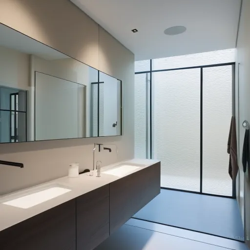 

A modern bathroom with a sleek floating vanity and a sunken tub, illuminated by natural light from a large window.