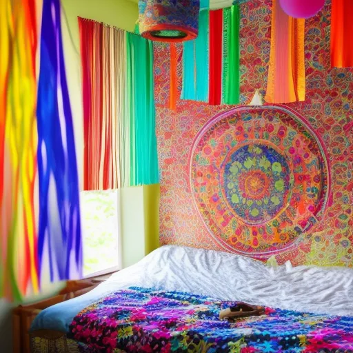 

A picture of a room with colorful, handmade decorations, including a painted wall mural, a string of paper lanterns, and a fabric tapestry.