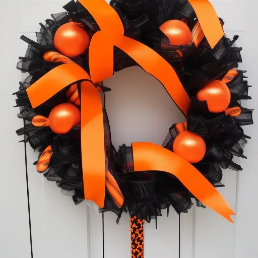 

A photo of a festive Halloween-themed wreath made of orange and black ribbons, with a black and orange bow in the center.