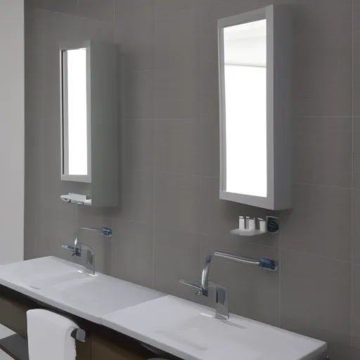 

A white porcelain bathroom sink with two faucets, set against a tiled wall with a mirror above.