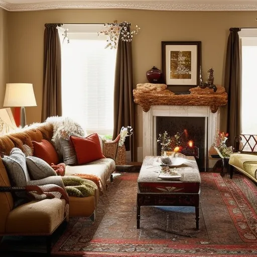 

A cozy living room with a warm color palette, featuring a comfortable sofa and armchair, a stylish rug, and a variety of decorative accents.