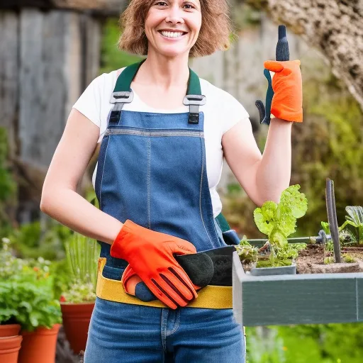 

A picture of a woman in a garden, wearing a tool belt and holding a trowel and a pair of gardening gloves, smiling confidently.