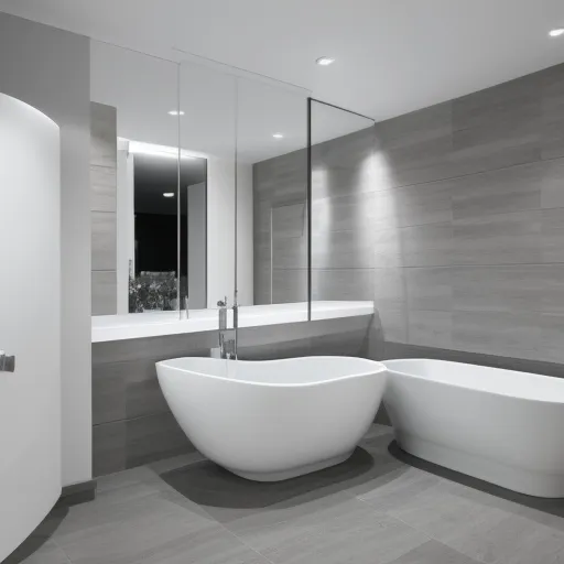 

A modern bathroom suite featuring a white bathtub, a white sink, and a white toilet, all set against a light grey tiled floor.