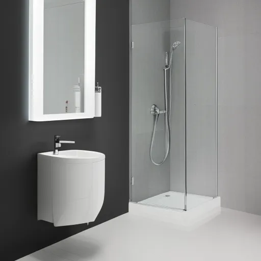 

A modern bathroom with a white vanity, a large mirror, and a sleek shower enclosure, all from IKEA.