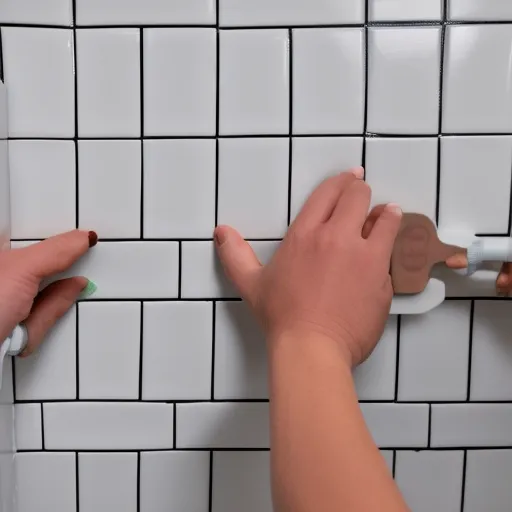 

A close-up of a person's hands installing white and gray tile onto a shower wall.