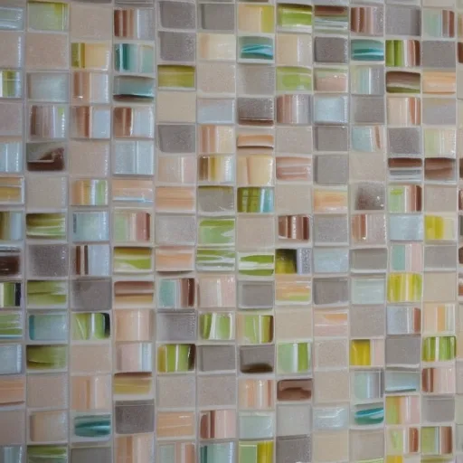 

A close-up of a modern kitchen backsplash featuring a variety of colorful and textured tiles, creating a unique and eye-catching design.
