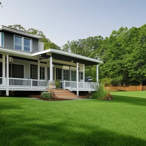 

A picture of a modern one-story house with a large front porch and a lush green lawn.