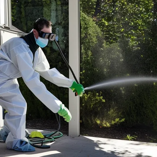 

An image of a professional exterminator in protective gear spraying pesticide in a home to eliminate pests.