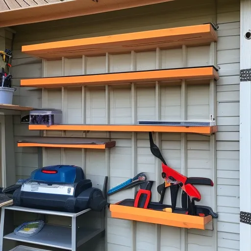 

A photo of a newly constructed shed in a backyard, with a variety of tools and supplies neatly organized on shelves inside.